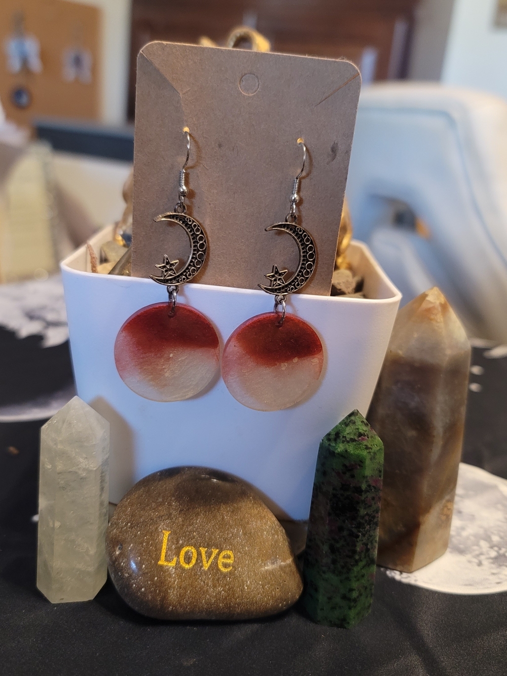 Handmade Moon & Star Red Ombre Disk Drop Earrings